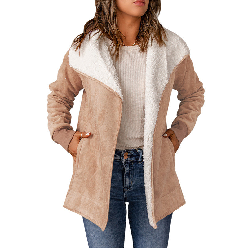 Faux Suede Coat – Women's Plush Lapel, Long Loose Fit – Apricot