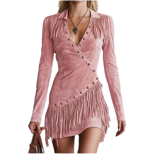 Fringe Wrap Mini Dress – Suede-Look, 5 Colors – view 2
