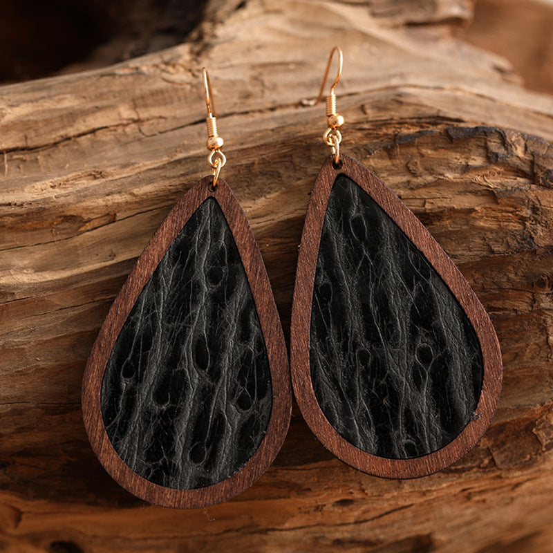 Tooled-Look Teardrop Earrings – Leather & Wood, 4 Styles – view 5