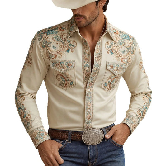Men's Western Scroll Print Shirt – Cream or Pink – view 2