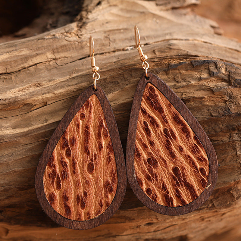 Tooled-Look Teardrop Earrings – Leather & Wood, 4 Styles