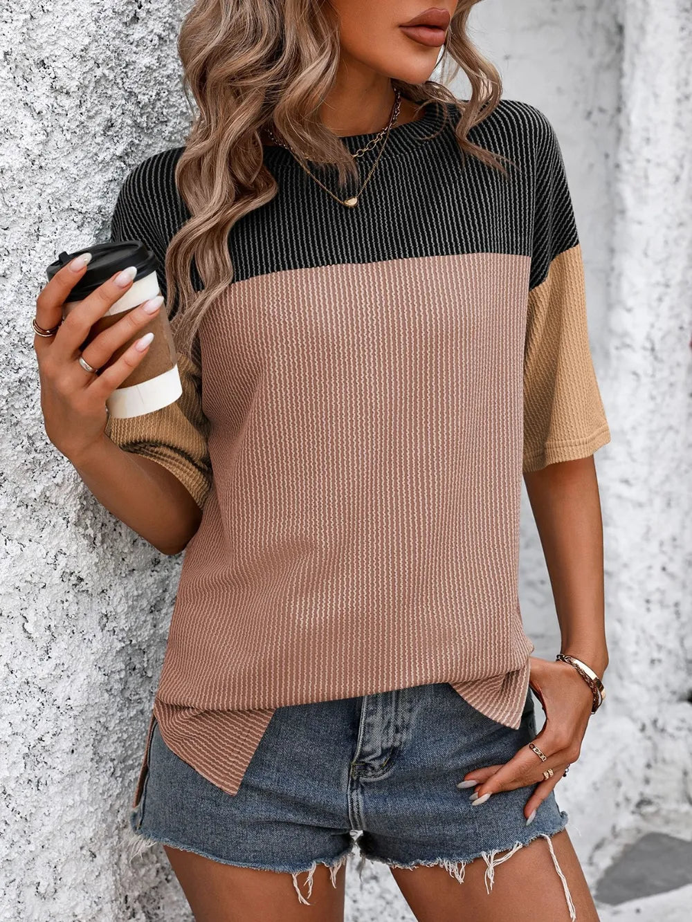 Color-block round-neck half-sleeve tee — view 17 | Organic Truth