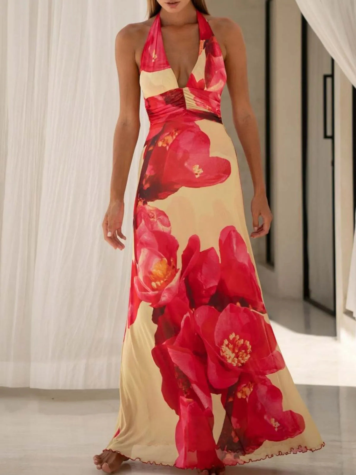 Floral halter deep-V maxi dress — view 15 | Organic Truth