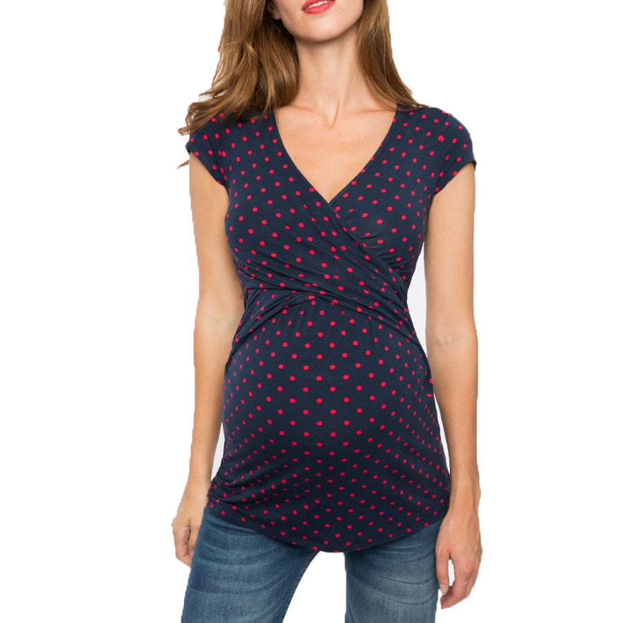 Crossover Nursing Top – Short-Sleeve Dot & Floral Print