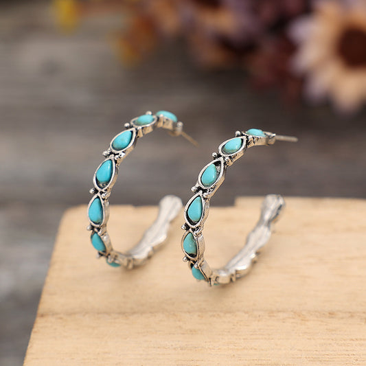 Blue-Green Stone-Look Hoop Earrings – Silver-Tone C-Hoop – view 2