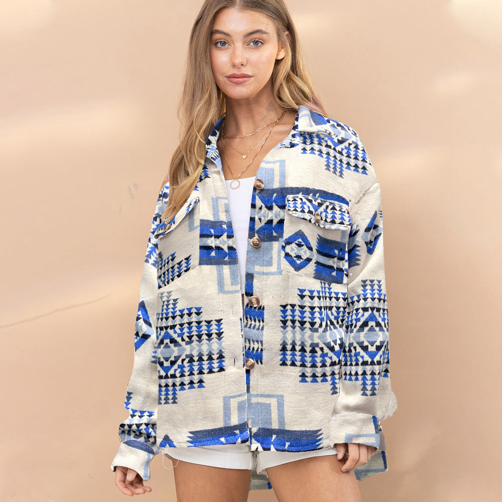 Southwestern-Pattern Shacket – Women's Western, Khaki or Blue – view 3