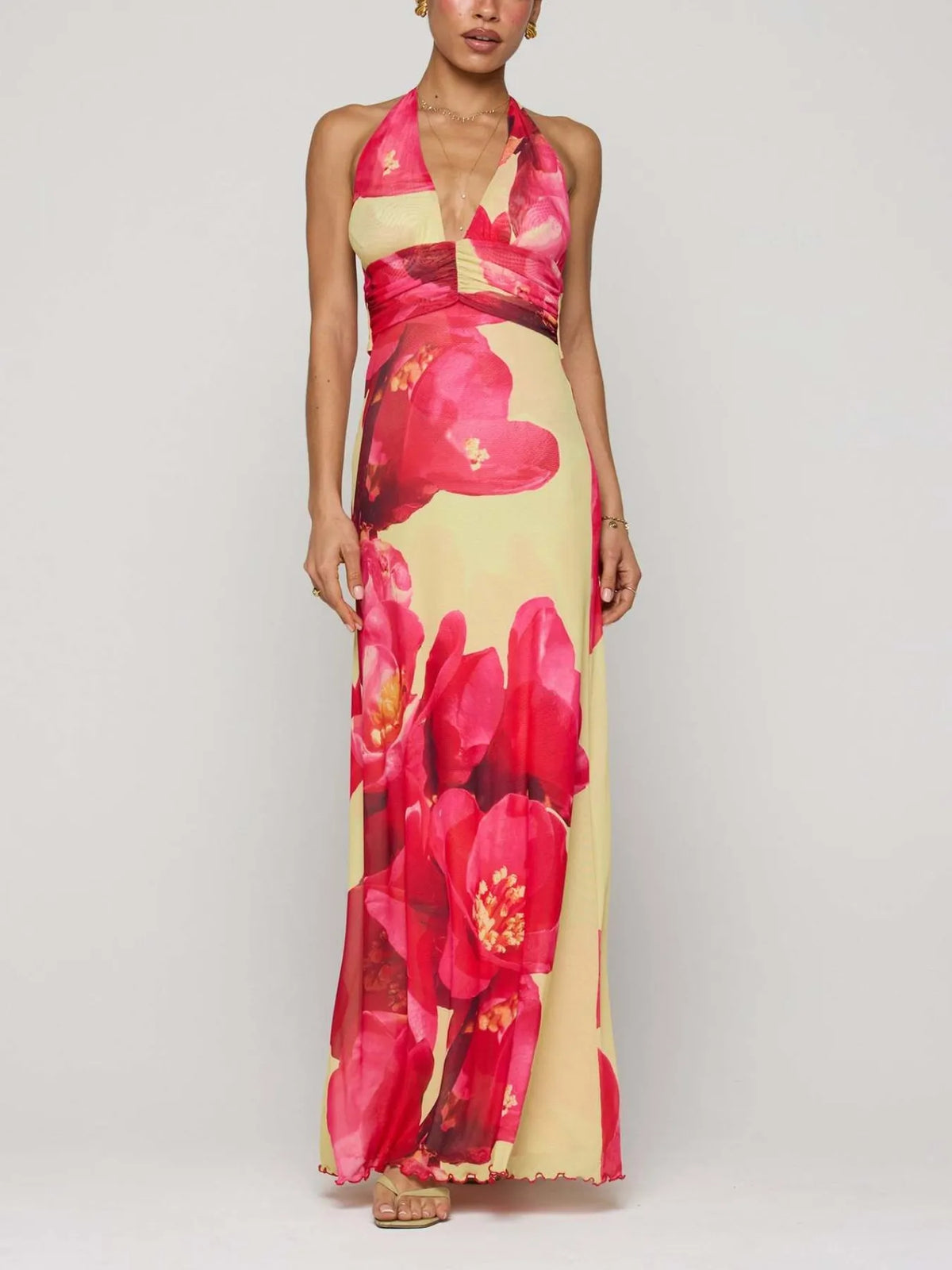 Floral halter deep-V maxi dress — view 11 | Organic Truth