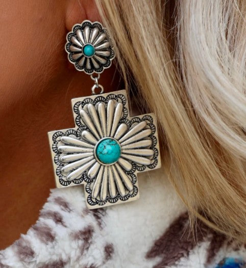 Concho Cross Earrings – Blue-Green Stone-Look, Silver-Tone – view 5