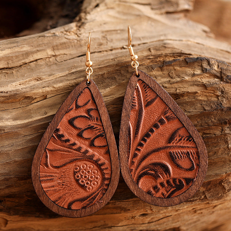 Tooled-Look Teardrop Earrings – Leather & Wood, 4 Styles – view 3