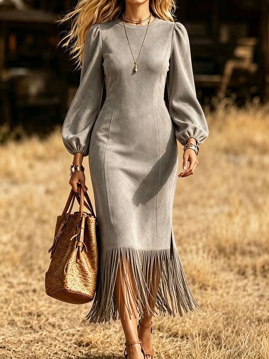 Suede-Look Fringe Midi Dress – Long Sleeve, 5 Colors – view 2