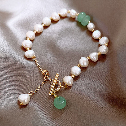 Freshwater Pearl & Green Stone Link Bracelet — product photo 2 | Organic Truth