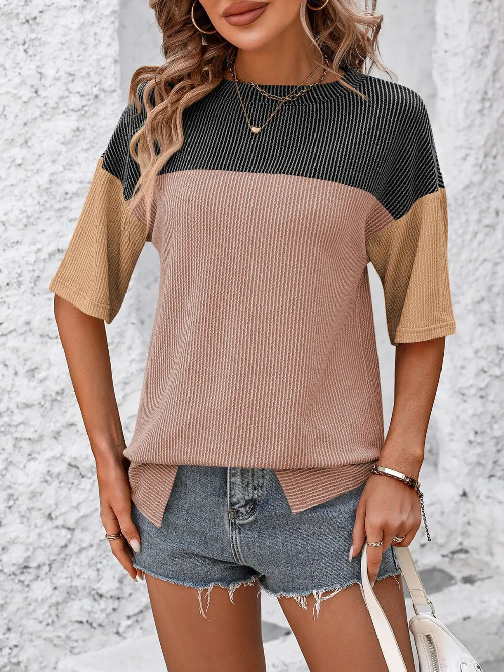 Color-block round-neck half-sleeve tee — view 18 | Organic Truth