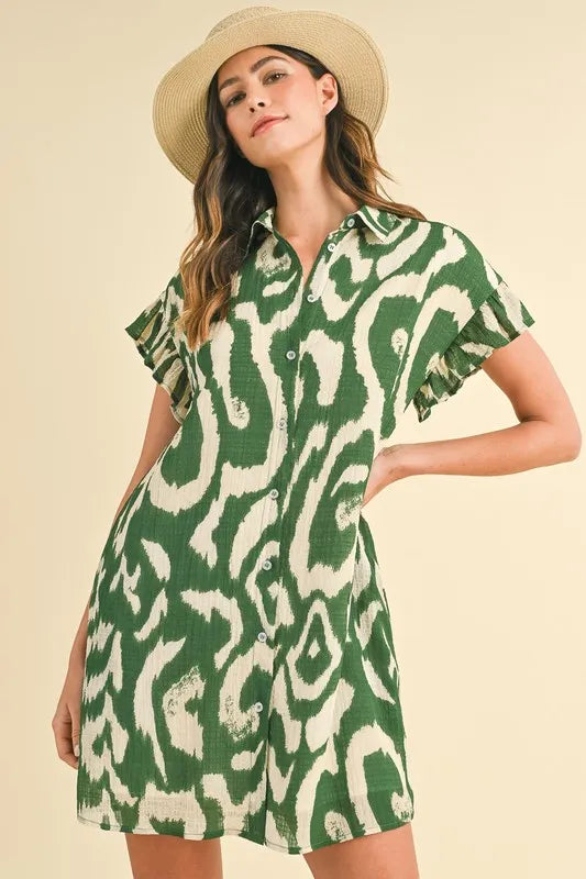 Abstract Print Frill Sleeve Mini Dress