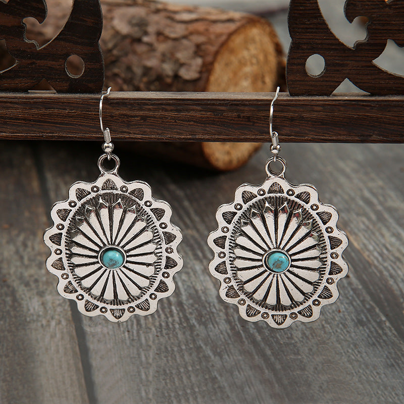 Concho Earrings – Blue-Green Stone-Look, Silver-Tone – view 2