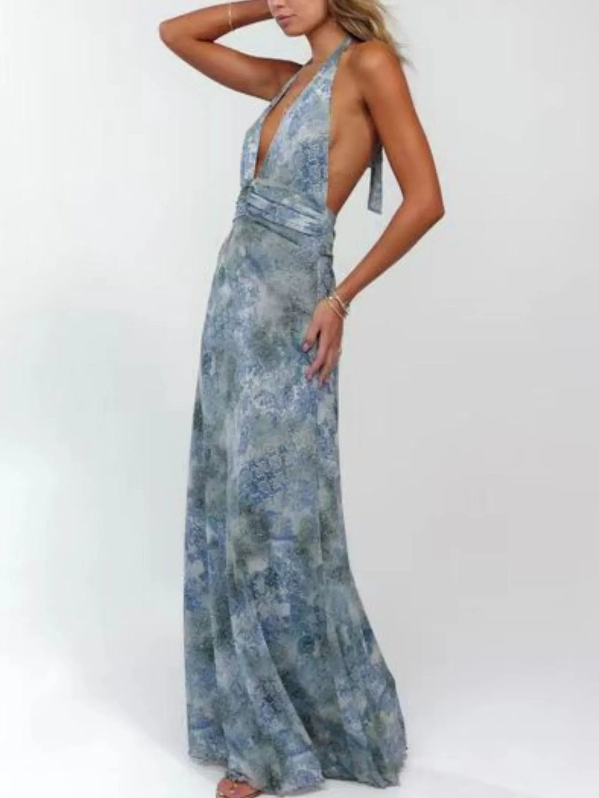 Floral halter deep-V maxi dress — view 20 | Organic Truth