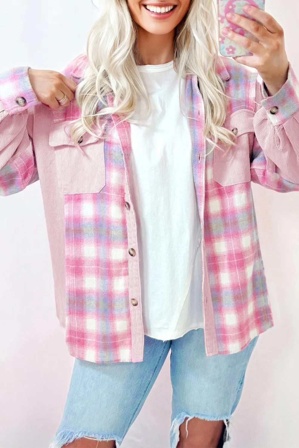 Plaid Corduroy Shacket – Women's Patchwork, Pink – view 3
