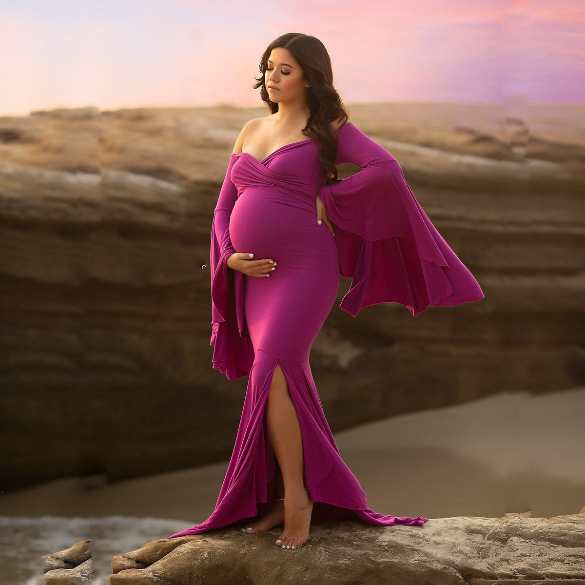 Bell-Sleeve Mermaid Maternity Gown – Ruffle Trailing Photoshoot Dress – view 6