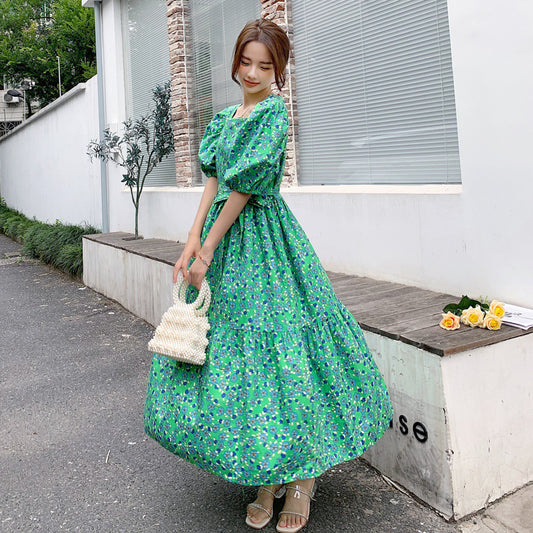 Green Floral Puff-Sleeve Maternity Dress – Vintage Midi – view 2