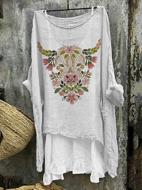 Floral Highland Cow Graphic Top – Relaxed, Light Gray – view 2