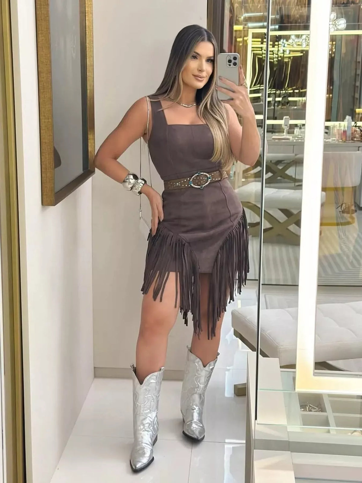 Sleeveless Fringed Mini Dress — view 4