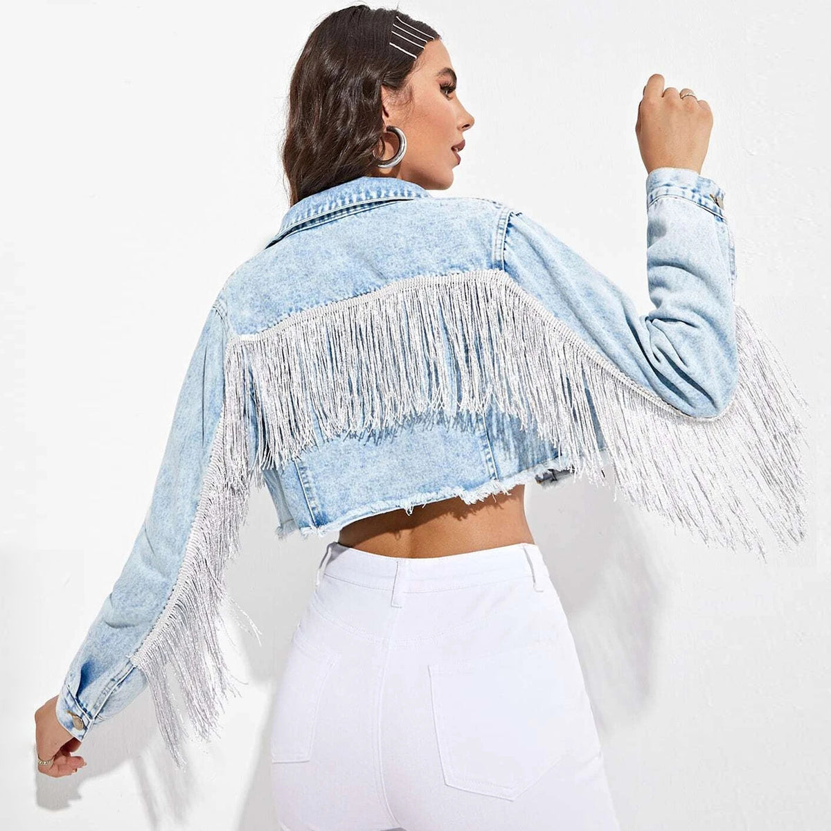 Fringe Trim Cropped Denim Jacket – 3 Washes – view 4