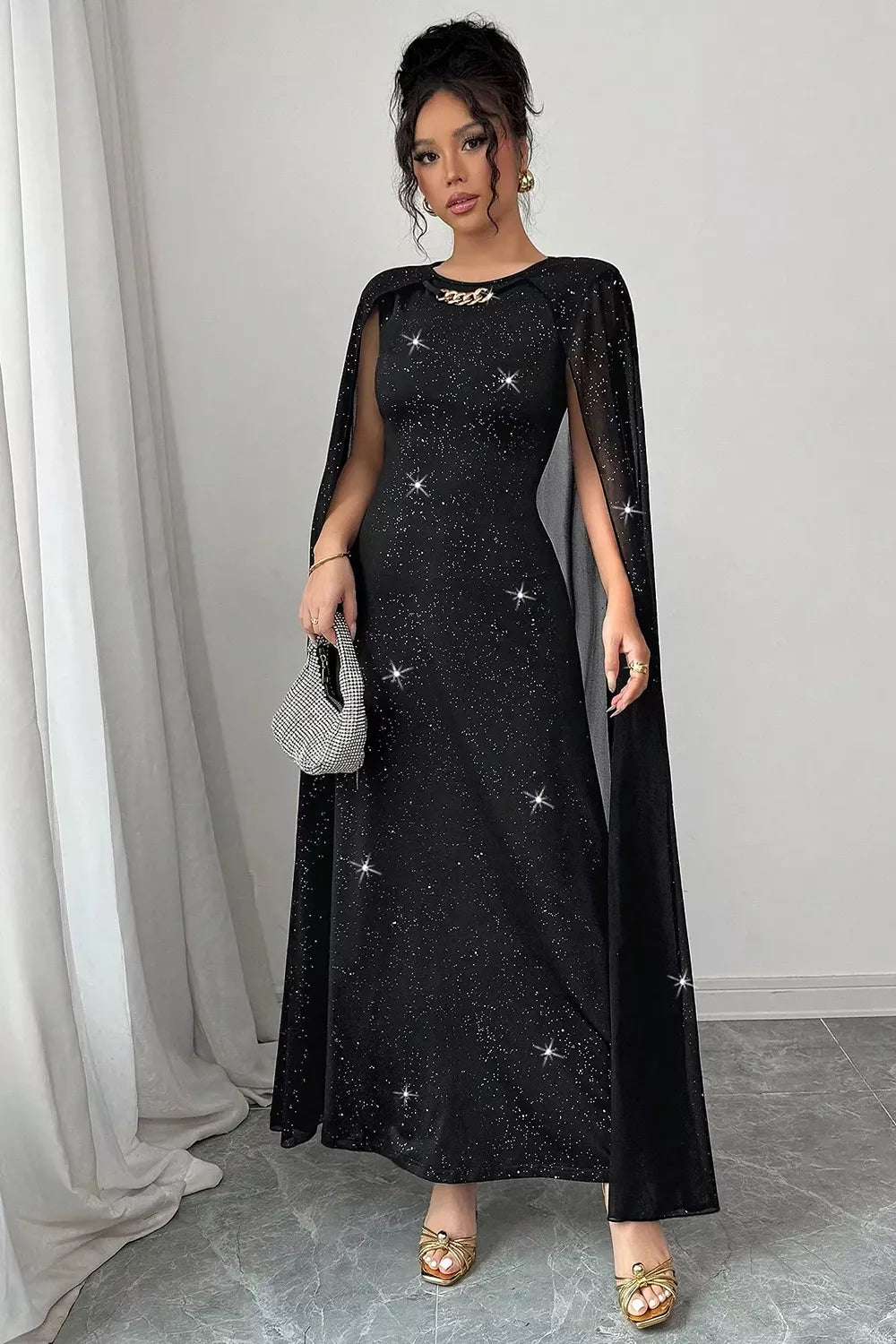 Glitter Maxi Dress – Cape Sleeve — view 4
