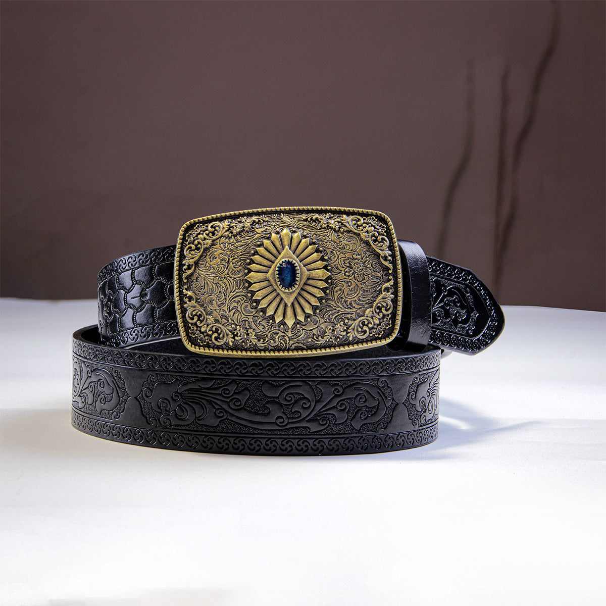 Engraved Plaque Buckle Western Belt – Black Embossed – view 2