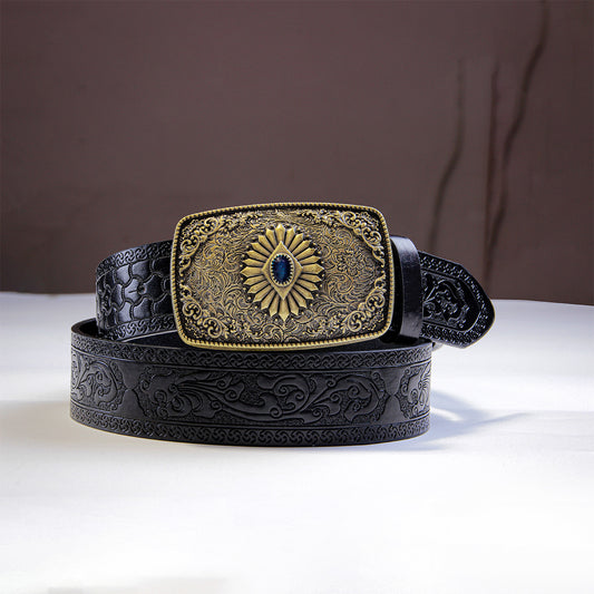 Engraved Plaque Buckle Western Belt – Black Embossed – view 2