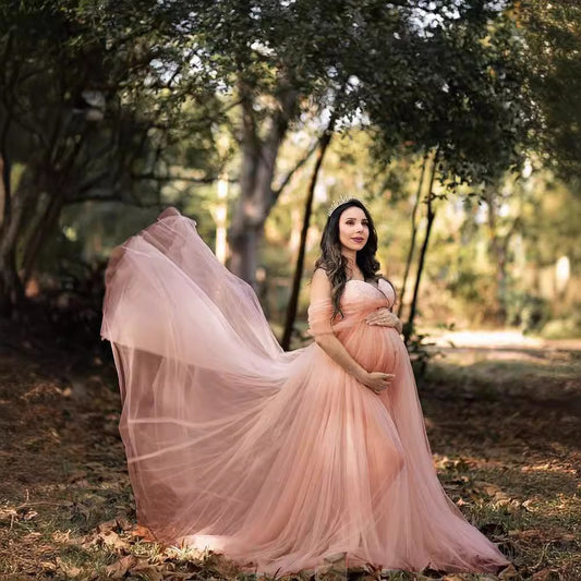 Floaty-Sleeve Maternity Gown – Flowing Train Photoshoot Dress – view 2