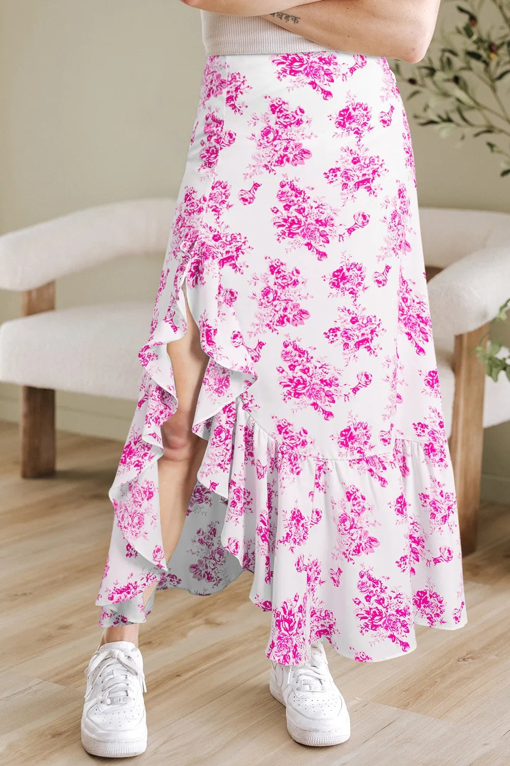 Floral Ruffle Maxi Skirt – High Waist Split — view 6