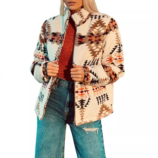Geometric Western Jacket – Women's Stand Collar, Apricot – view 2