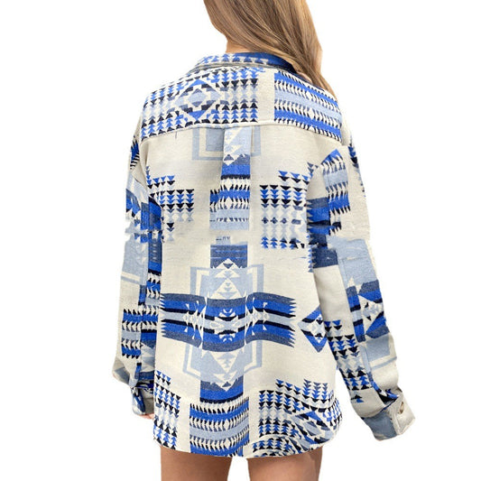 Southwestern-Pattern Shacket – Women's Western, Khaki or Blue – view 2