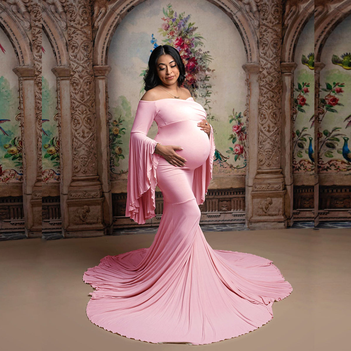 Bell-Sleeve Mermaid Maternity Gown – Ruffle Trailing Photoshoot Dress – view 2
