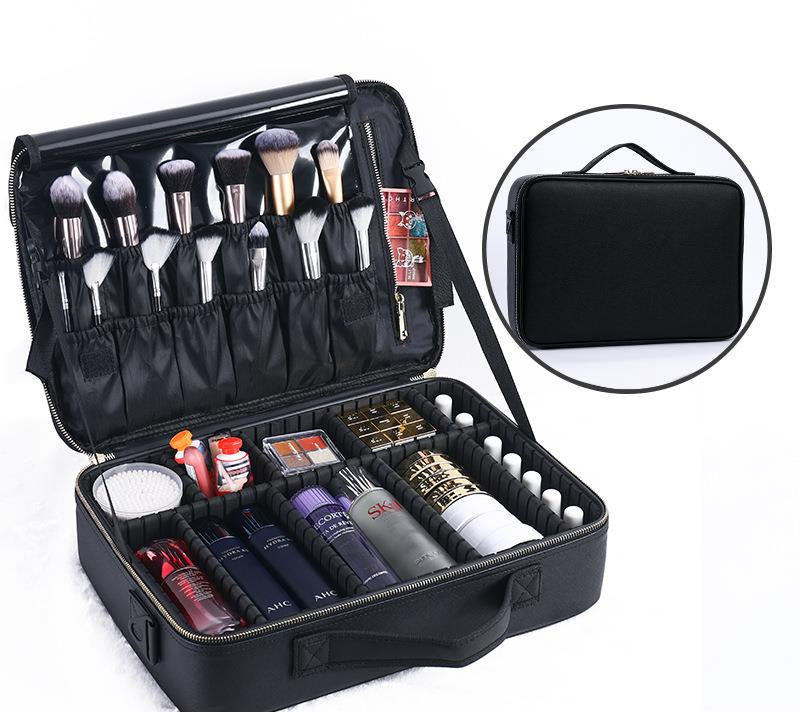 Makeup Train Case with Adjustable Dividers – Faux Leather Large 2-Layer Black