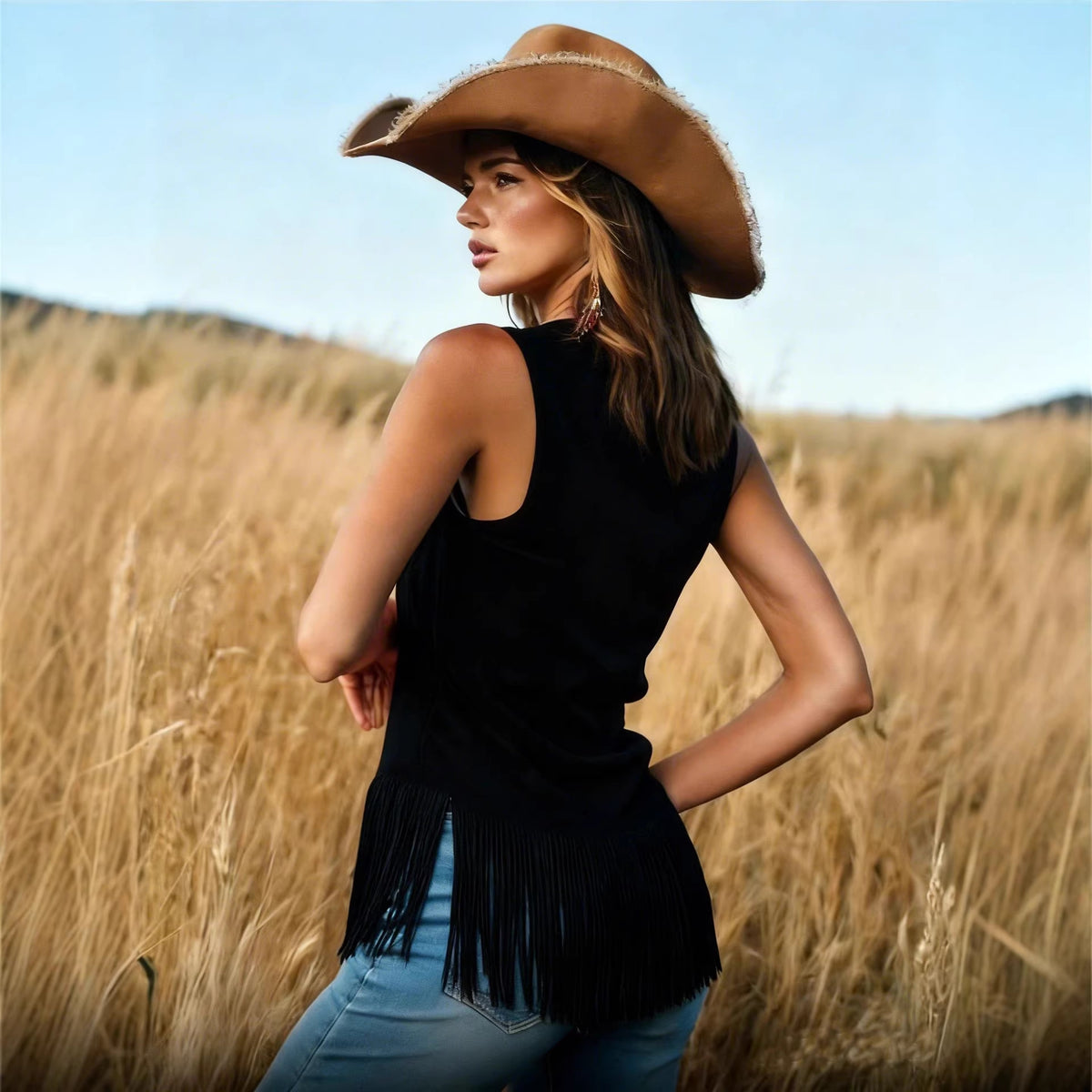 Embroidered Fringe Western Vest – Black – view 4