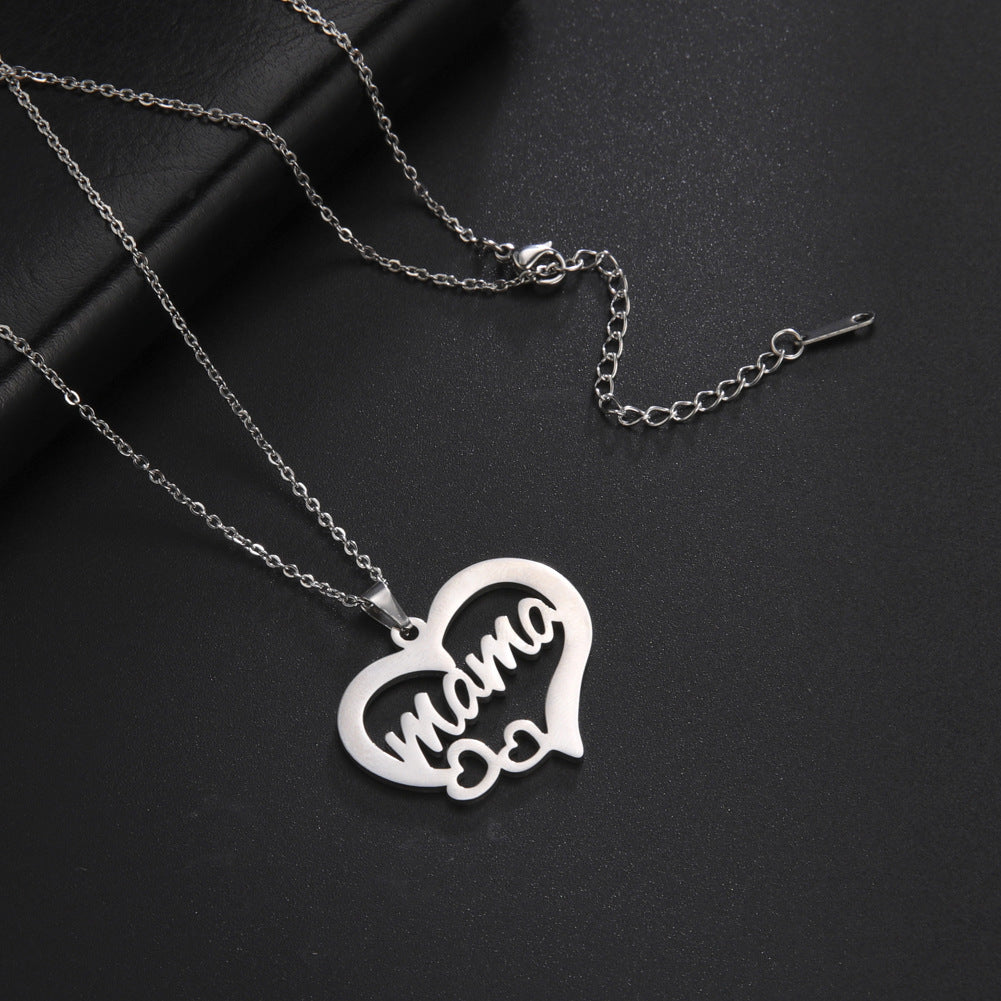 Hollow Heart Mama Necklace – Script Pendant