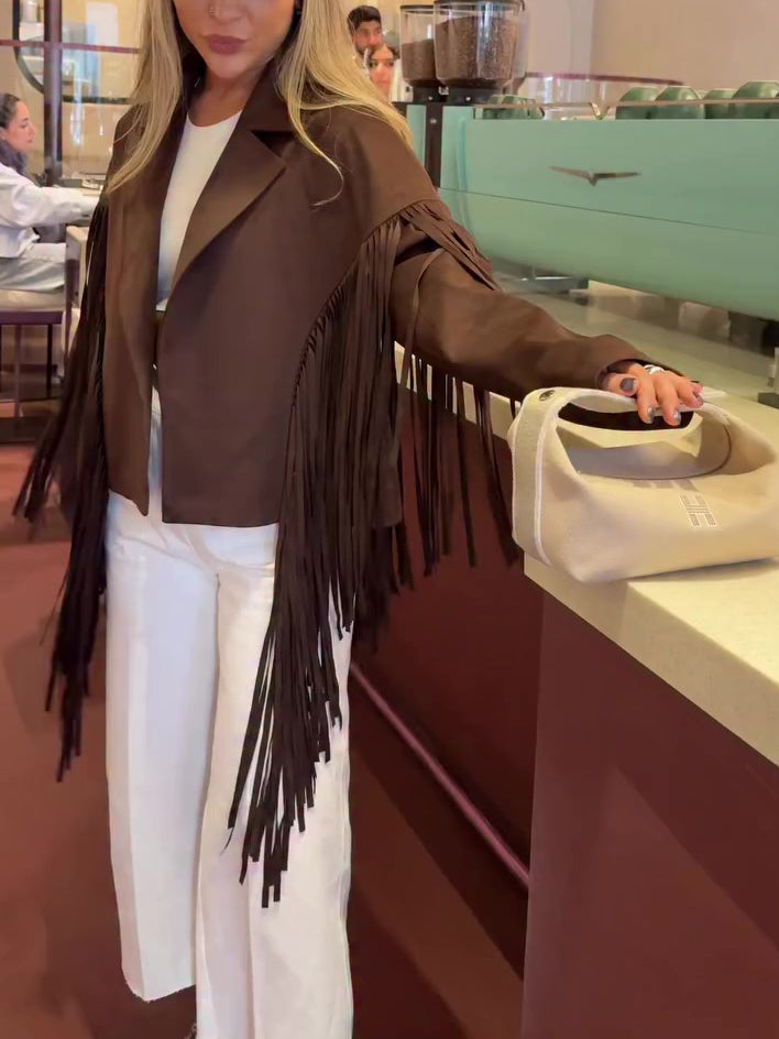 Long Fringe Lapel Jacket – Brown Suede-Look – view 6