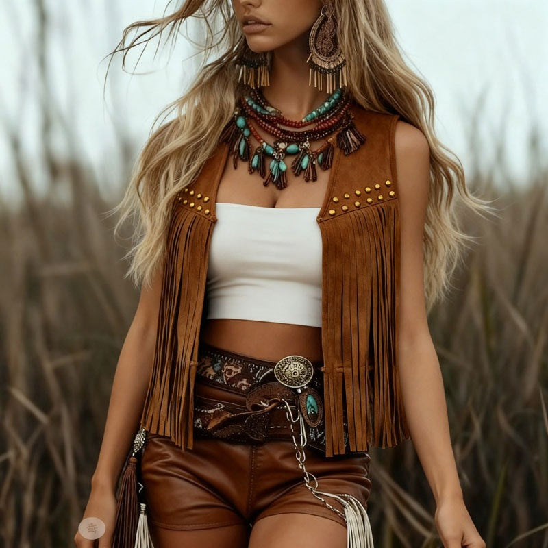Long Fringe Suede-Look Vest – Black, Khaki or Rose – view 8