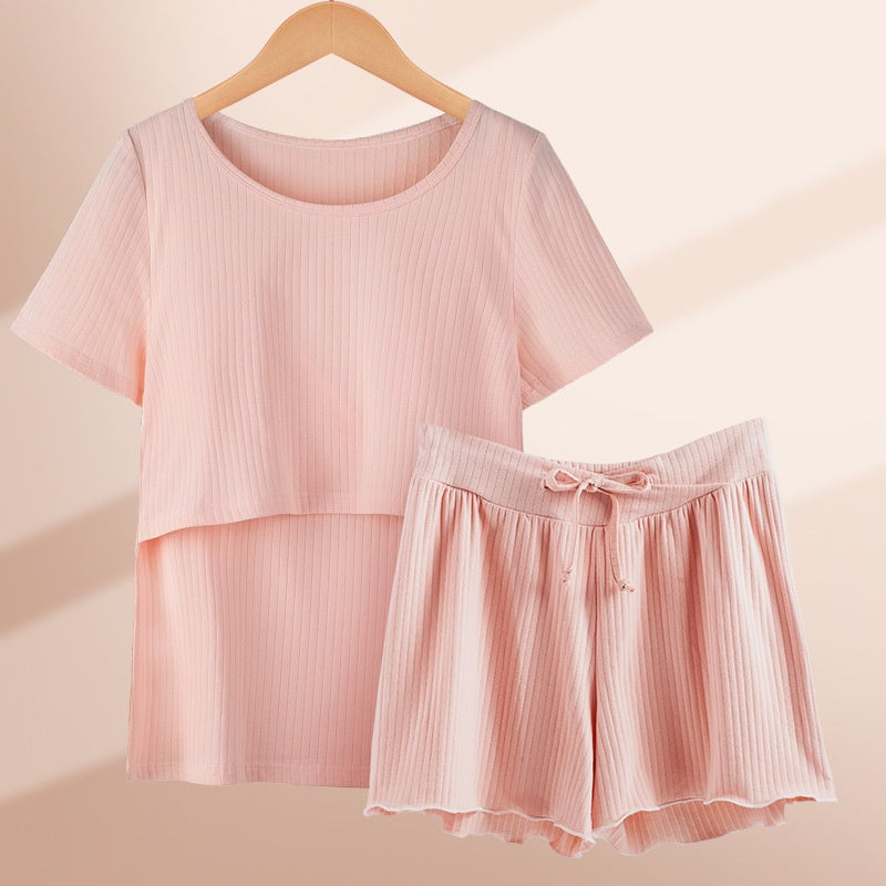 Short-Sleeve Nursing Pajama Set – Cotton-Rich Top & Shorts – view 8