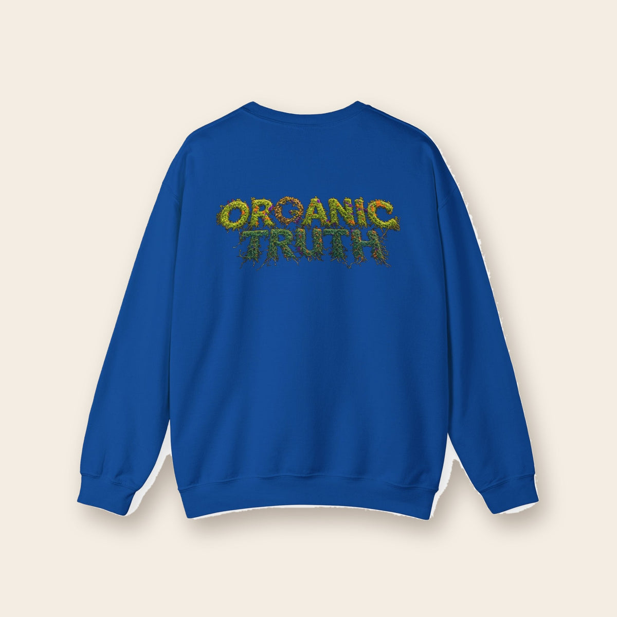 Dragon Eye crewneck sweatshirt in royal, back: ORGANIC TRUTH vine lettering with fire accents