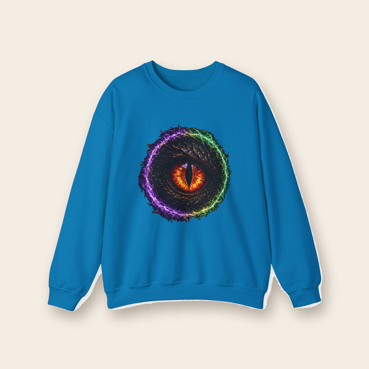 Dragon Eye crewneck sweatshirt in sapphire, front: fire-lit dragon eye in a lightning ring