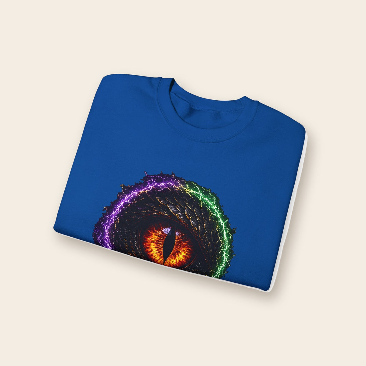 Dragon Eye crewneck sweatshirt in royal, folded: fire-lit dragon eye front