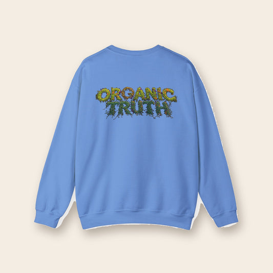 Dragon Eye crewneck sweatshirt in carolina blue, back: ORGANIC TRUTH vine lettering with fire accents