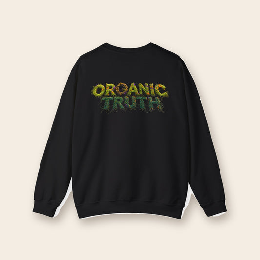 Dragon Eye crewneck sweatshirt in black, back: ORGANIC TRUTH vine lettering with fire accents