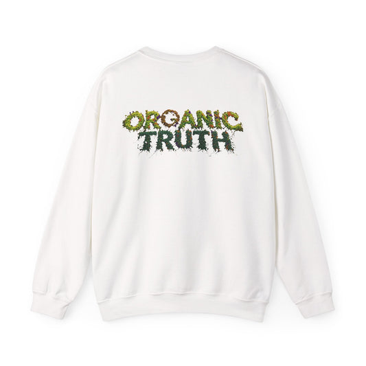 Dragon Eye crewneck sweatshirt in white, back: ORGANIC TRUTH vine lettering with fire accents