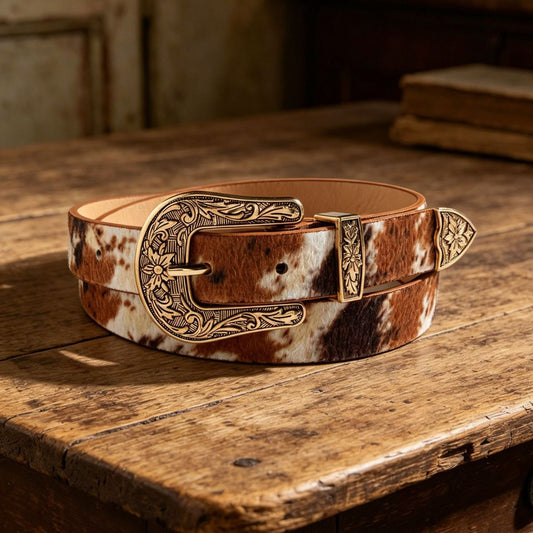 Cow Print Western Belt – Hair-On Look, Silver-Tone Buckle – view 2
