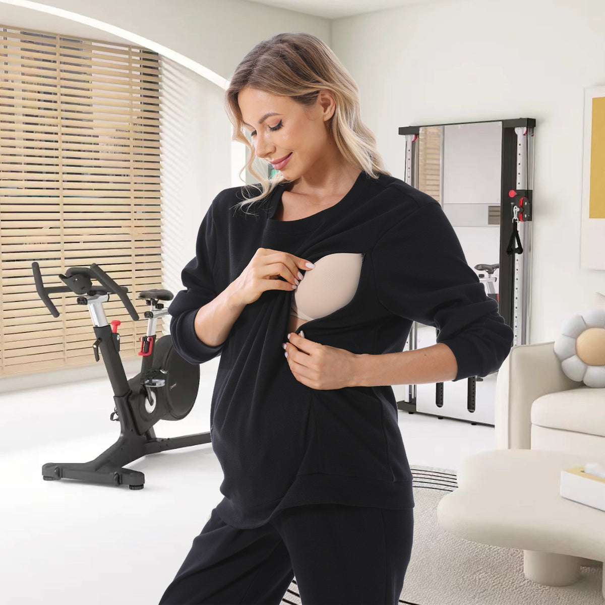 Nursing Sweatshirt – Zip Access, Waffle Knit Pullover – Black