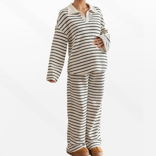 Maternity Knit Set – Striped Collared Top & Wide-Leg Pants – view 2