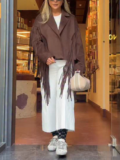 Long Fringe Lapel Jacket – Brown Suede-Look – view 5