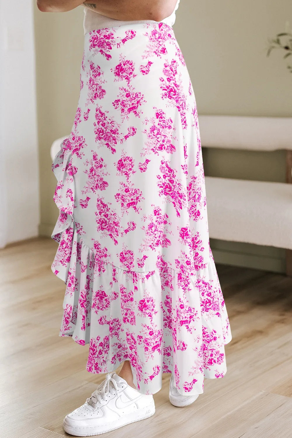Floral Ruffle Maxi Skirt – High Waist Split — view 5